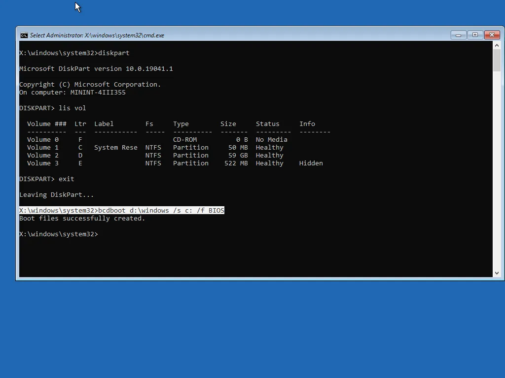 boot files successfully created bcdboot command